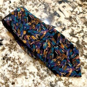 Neck tie vintage retro abstract 100% silk black gold teal Bica Uomo